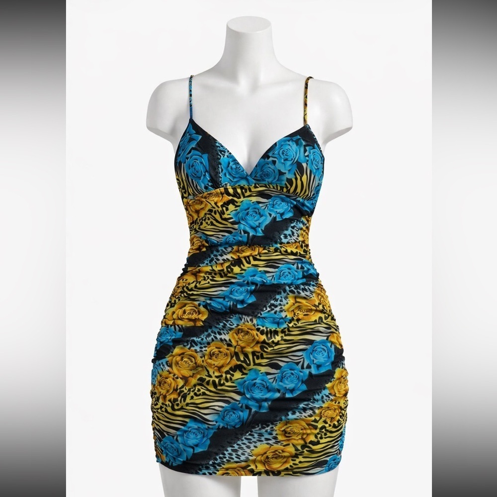 Y2K floral animal print ruched mini dress size Large